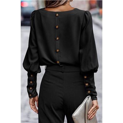 Black Plain Button Back Cuffed Puff Sleeve Blouse