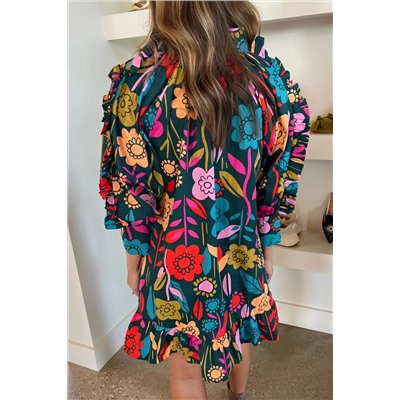 Green Floral Print Puff Sleeve Ruffled Mini Dress