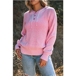 Розовый вязаный свитер в рубчик с капюшоном и V-образным вырезом