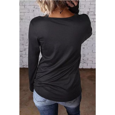 Black Leopard Color Block Cut Out Long Sleeve Top