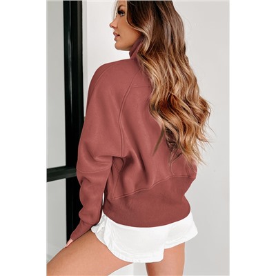 Brown Zip Up Stand Collar Ribbed Thumbhole Sleeve Sweatshirt