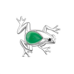 Брошь из серебра с натуральным зелёным агатом и чёрным фианитом родированная - Лягушка Бр-02р409