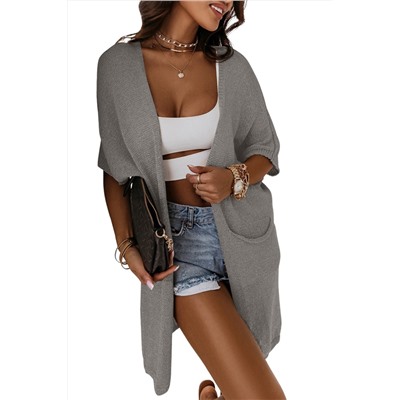 Gray Dolman Half Sleeve Pocketed Long Cardigan