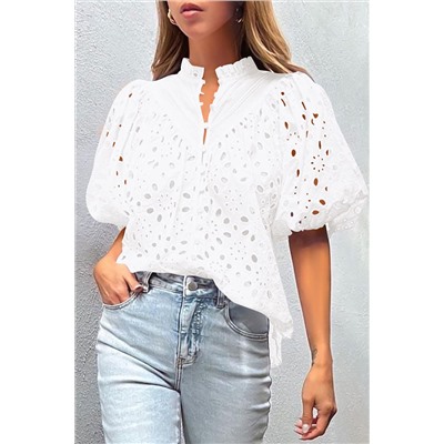 White Flower Embroidered Hollow-out Puff Sleeve Blouse