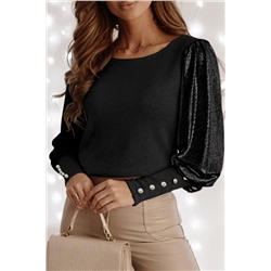 Black Buttoned Cuffs Shiny Puff Sleeves Top