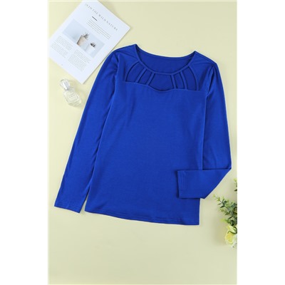 Blue Solid Cut-out Long Sleeve Top