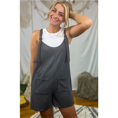 Dark Grey Striped Print Knotted Straps Pocketed Romper