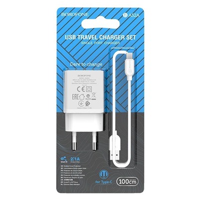 Адаптер Сетевой с кабелем Borofone BA52A Gamble (повр. уп.) USB 2,1A/10W (USB/Type-C) (white)