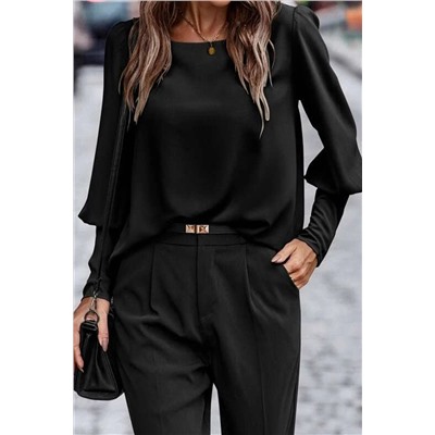 Black Plain Button Back Cuffed Puff Sleeve Blouse