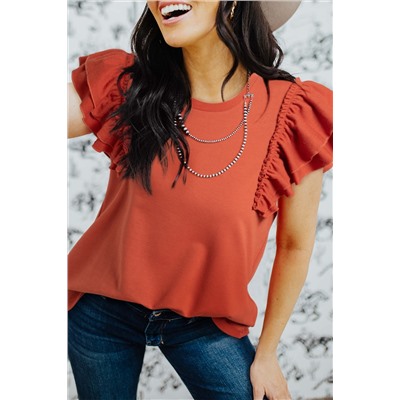 Orange Tiered Ruffled Sleeve Crew Neck T Shirt