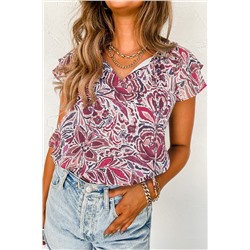 White Floral Ruffled Short Sleeve V Neck Blouse