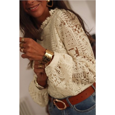 Beige Frilled Collar Paisley Mixed Lace Blouse