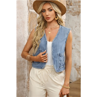 Ashleigh Blue Braided Trim Pocketed Denim Vest