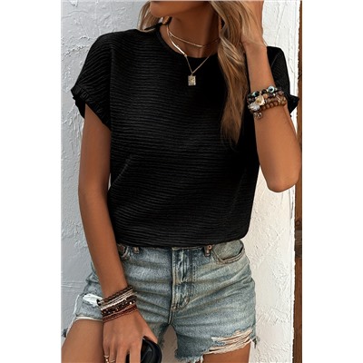 Black Solid Textured Ruffled Short Sleeve Blouse