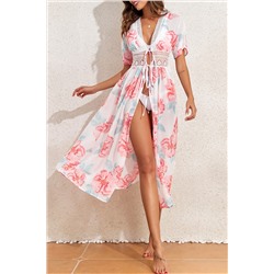 White Floral Print Lace Splicing Knot Front Beach Cover Up