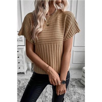 Light French Beige Rib Knitted Wide Sleeve Sweater T Shirt