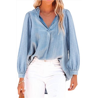 Sky Blue Split V-Neck Balloon Sleeve Ruched Denim Top