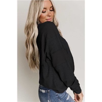 Black Waffle Patchwork Dolman Sleeve Henley Top