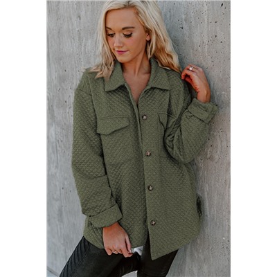 Green Retro Quilted Flap Pocket Button Shacket