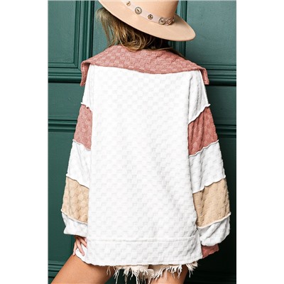 White Plaid Patchwork Exposed Seam V Neck Loose Blouse