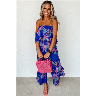 Blue Mix Tropical Print Strapless Ruffled Jumpsuit