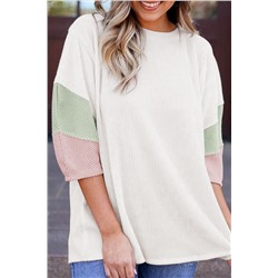 White Color Block Ribbed Knit Quarter Sleeve Top