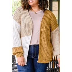 White Color Block Knitted Open Front Plus Size Cardigan