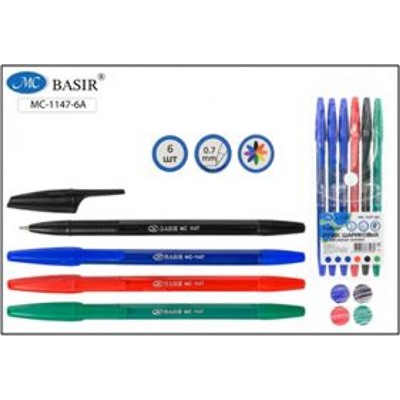 Набор ручек шариковых  6шт MC-1147-6А 0,7мм масляные (3 синих, красный, чёрный, зелёный) Basir