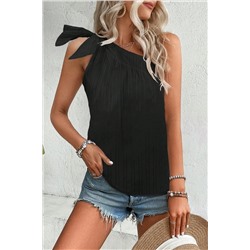 Black Textured Bowknot One Shoulder Tank Top