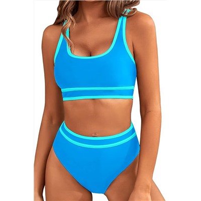 Light Blue Contrast Trimmed U Neck High Waist Bikini