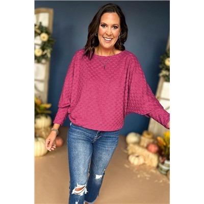 Bright Pink Checker Textured Dolman Sleeve Top