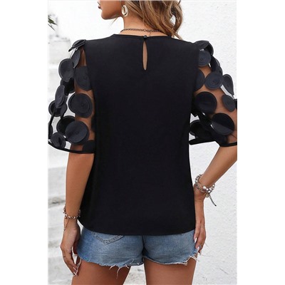 Black Contrast Applique Mesh Half Sleeve Blouse