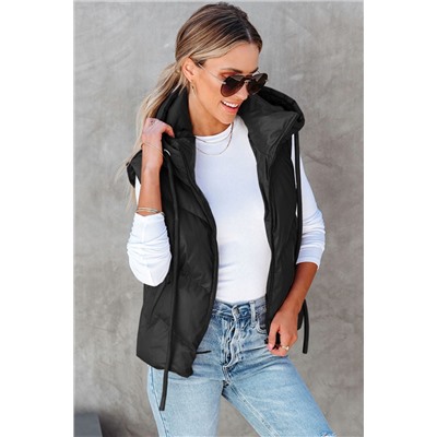 Black Sleek Quilted Puffer Hooded Vest Coat