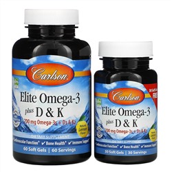Carlson Labs, Elite Omega-3 с витаминами D и K, натуральный лимонный вкус, 60 (+ 30 бонусных) мягких капсул