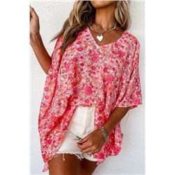 Pink Boho Floral V Neck Kimono Style Blouse