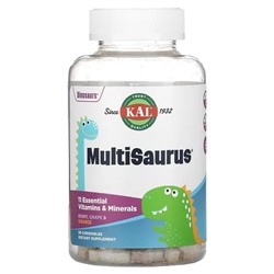 KAL, Dinosaurs, MultiSaurus, витамины и минералы, ягоды, виноград и апельсин, 90 жевательных таблеток