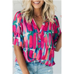 Rose Abstract Brushwork Print Buttoned V Neck Blouse