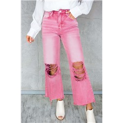 Peach Blossom Distressed Hollow-out High Waist Cropped Flare Jeans