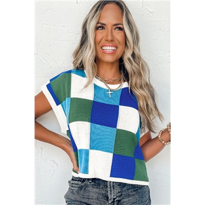 Dark Blue Color Block Cap Sleeve Sweater Tops