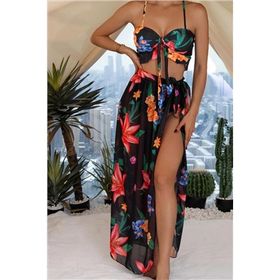 Black 3pcs Floral Twist Front Bikini with Cover-up Swimsuit