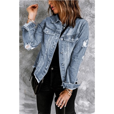 Sky Blue Lapel Distressed Raw Hem Buttons Denim Jacket