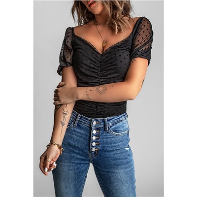 Black Dotted Print Ruched Puff Sleeve Top