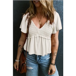 Oatmeal Shirred V Neck Short Flutter Sleeve Textured Blouse