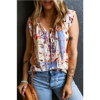 Multicolour Floral Print Split V Neck Lace Trim Cap Sleeve Blouse