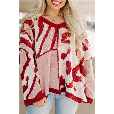 Red Mix Pattern Knit Ribbed Trim Oversize Sweater