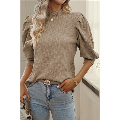 Simply Taupe Vintage Textured Puff Sleeve Mock Neck Top