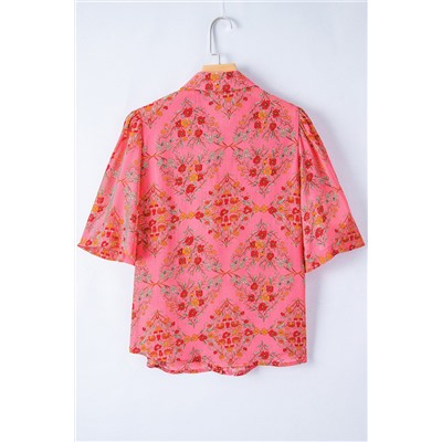 Rose Red Floral Print Wide Short Sleeve Loose Shirt