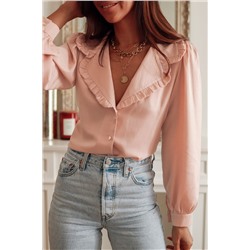 Pink Frilled Lapel Collar Button-Up Puff Sleeve Shirt