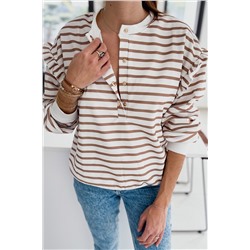 Brown Striped Ruffled Sleeve Buttoned Half-Placket Top