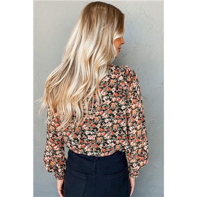 Orange Ruffle Trim Shirred Cuffs Floral Blouse